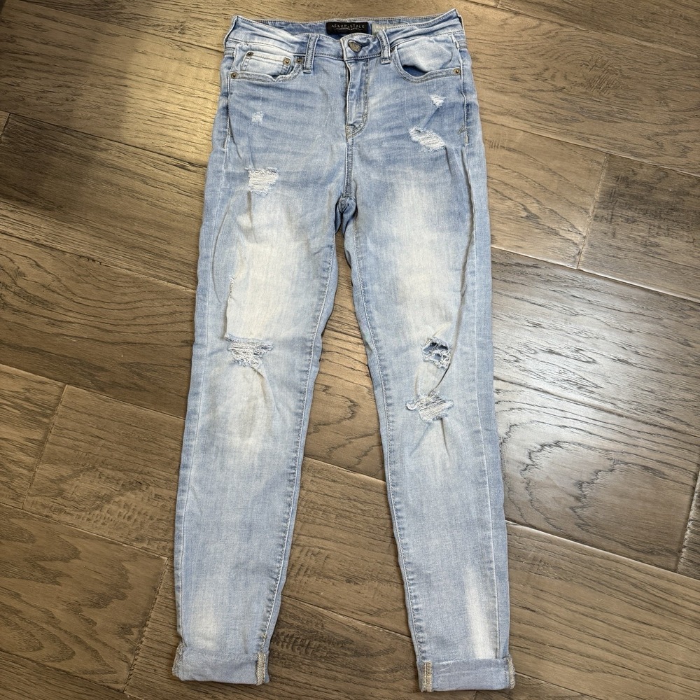 Aeropostale High Waisted Ankle Jegging Jeans Womens Size 0 Blue Denim Distressed